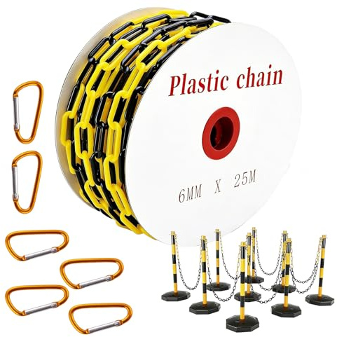 BAIFULAI Absperrkette Kunststoffkette 25M, Gelb Schwarz 6mm Warnkette Plastikkett, Kunststoff Absperrkette mit 6 Karabinern für Barrieren in Auffahrten, Arbeitsplätzen und Garagen