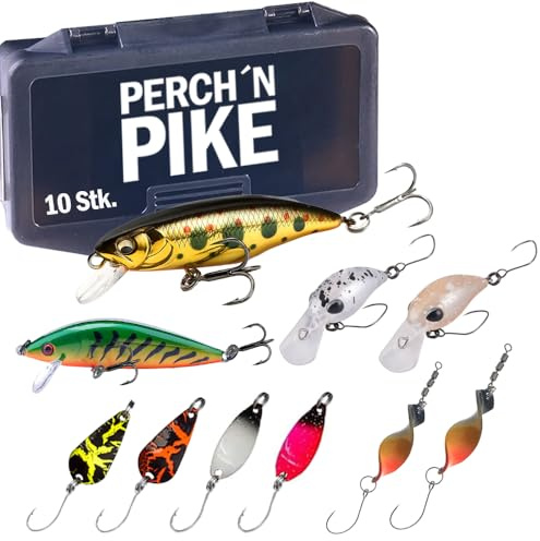 PERCH`N PIKE Forellenköder 10er Set, Angelköder Set für Forellen Angeln mit Wobbler, Spoons & Crankbaits, Kunstköder Köder Set inkl. Tackle Box, Angelzubehör Forelle in DREI Versionen