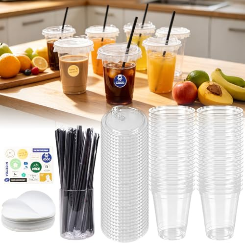 HOVCEH 50 bicchieri di plastica trasparente con coperchi e cannucce, 500 ml, bicchieri da caffè in plastica con adesivi fai da te e carta a prova di perdite, per frappè freddo, frullati, caffè