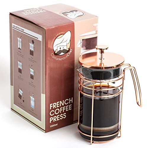 Cantankerous Chef Rose Gold French Press - Large 8 Cup Coffee Press - Best Coffee Maker - Elegant Original Finishing - Sturdy Small Mesh Filter Borosilicate Glass with 3-Part Stainless Steel Plunger