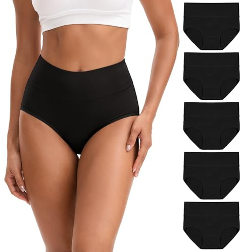 INNERSY Ladies Underwear High Waisted Knickers Womens Full Briefs Pack of 5 | 100% Cotton Gusset, Full Coverage Pants, Fabric-wrapped Waistband, Stretchy Women's Panties, Tag-free, Postpartum & Everyday
