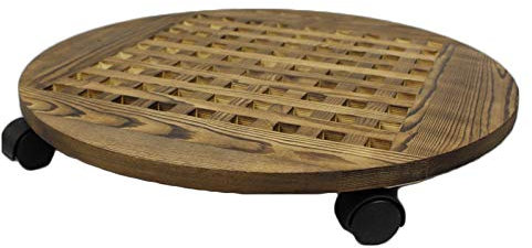 Mkuha Pflanzenroller Indoor mit Bremse, Blumenroller Rund Innenbereich, Pflanzenroller Holz Massiv mit Softrollen für Parkett, Brown, 50