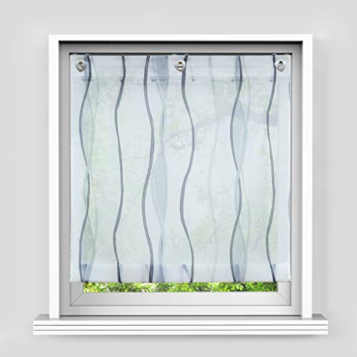 HongYa Raffrollo mit Wellen Druck Transparenter Voile Raffgardine Vorhang mit Hakenösen H/B 140/80 cm Weiß Silber