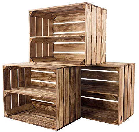 Kontorei gebrannte/flambierte Obstkiste mit Zwischenboden 50cm x 40cm x 30cm 6er Set Regal Holzregal Kiste Box