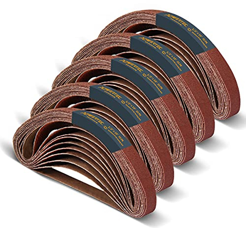 POWERTEC 1/2 x 45,7 cm Schleifbänder, 50 Stück, je 10 Stück mit Körnung 40/80/120/180/240, Aluminiumoxid-Bandschleifer, Schleifband-Sortiment für Luftfeilen-Bandschleifer, Holzbearbeitung,