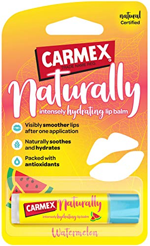 Carmex Naturally Watermelon - Bálsamo labial en barra SPF 15 para protección solar, calma y repara labios secos y agrietados, fórmula intensamente hidratante para el cuidado de los labios de invierno