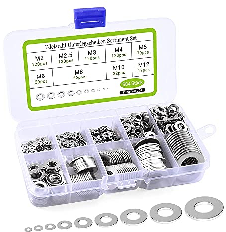 Dalifer Unterlegscheiben-Set aus Edelstahl, 684-teilig, flache Unterlegscheiben, Sicherheitsscheiben-Sortiment-Set, mit einem Sortimentskasten, insgesamt 9 verschiedene Größen M2 M2,5 M3 M4 M5 M6 M8
