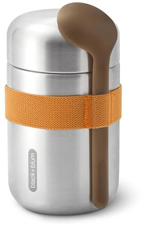 BLACK + BLUM - Food Flask - Vacuum Insulated 304 Stainless Steel Food Container with Leak Proof Lid, Nylon Strap and Natural Wood Fibre Spoon - Keeps Hot for 6 hrs, Cold for 8 hrs, Orange - 400ml