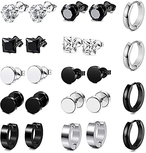 Thokono 12paar Ohrringe Set Edelstahl für Herren Damen, Allergiefrei Ohrstecker Stecker Creolen Zirkonia Ohrstecker Set Fake Plugs Ohrschmuck Hoop Piercing Ohrring Unisex Schwarz Silber