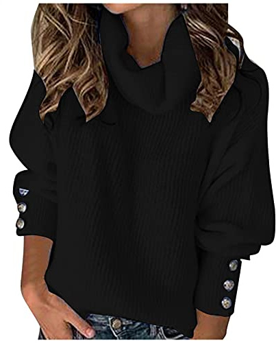 PAIDAXING Pullover Damen Strickpullover Rollkragenpullover Knöpfen Ärmel Pulli Strick Langarm Einfarbig Elegant Sweatshirts Strickmantel Sweater Gr S-5XL