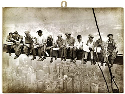 KUSTOM ART Quadro Quadretto Stile Vintage Immagine Storica Lavoratori In Pausa Su Gru Sospesa New York da Collezione Stampa su Legno. Per Arredamento Ristorante Pizzeria Bar Hotel