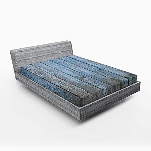Ambesonne Fence 2 Pack Fitted Sheet, Grungy Painted Wooden Fence, Bed Cover All-Round Elastic Deep Pockets 2 Pieces, Package Contains 2 Queen Size Fitted Sheets, Pale Azure Blue Dust