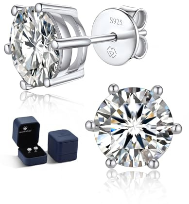 MomentWish Boucles d'oreilles Moissanite Diamant, 2 Carats/6,5 mm Argent 925 Boucles doreille Bijoux Femme Cadeau Saint-Valentin pour Femmes Hommes-6 Griffes