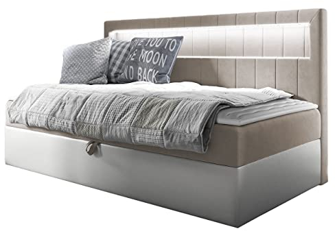 Mirjan24 Boxspringbett Junior Gladino II mit Bettkasten und LED-Beleuchtung, Continentalbett Bonell-Matratze Topper Polsterbett Amerikanisches Bett Bettgestell (Soft 17 + Fresh 1, 100 x 200 cm)