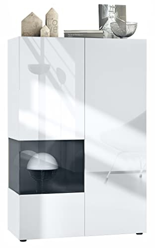 Vladon Vitrine Morena V2, Made in Germany, Standvitrine mit 2 Türen und Glaseinsatz, Korpus Weiß matt, Fronten Weiß Hochglanz, Cube Schwarz Hochglanz (91,5 x 136,5 x 37 cm)
