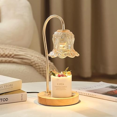 OKYUK Candle Warmer Lamp Compatible with Jar Candles Vintage Electric Candle Lamp Dimmable Candle Melter Top Melting for Scented Wax，Wooden Base with Glass Lampshade, with 2 Bulbs (Amber)