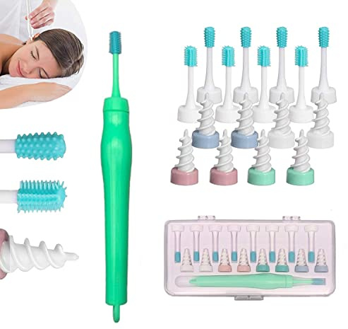 Q Grips Ohrenreiniger,Ear Cleaning Kit,Q Grips Ohrenschmalz, Sicher und Weich, mit Waschbaren 8 Stücke 360 Grad Spiral Ersatzköpfen und 9 Stücke Silikon Bürste, Geeignet für Familie (Grün2)