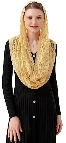 PAMOR Infinity Chapel Veil Floral Latin Mass Head Covering Lace Scarf Mantilla Veils for Church (Gold)