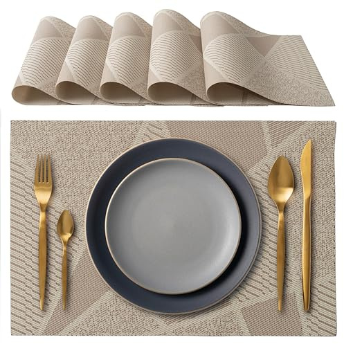 IPEA Manteles Individuales e Mesa Elegantes 45 x 30 cm para Cena, Almuerzo, Desayuno - 6 Unidades - Mantel Individual Lavable, Resistente Calor, Antideslizante, Antimanchas para Mesa de Cocina - Beige