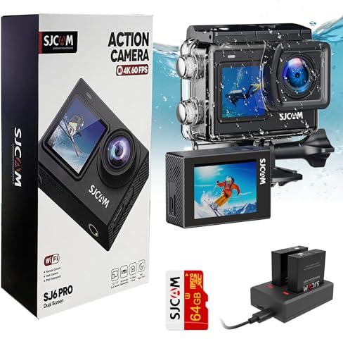 SJCAM SJ6Pro 4K60fps 24MP Dual Screen Action Cam with WiFi, 6-aixs Gyroscope Stabilizer,165° FOV 8X Zoom, Underwater 30m Waterproof Camera with 2X 1000mAh/64G Card/Vehicle Kits