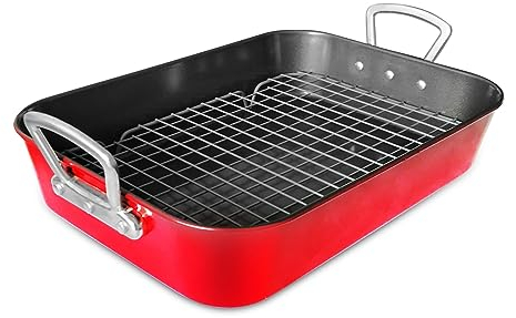 Bandeja De Acero Al Carbono Sartén Rectangular Con Mango Rejilla De Enfriamiento Tema Navidad Para Asar Pavo Pollo Bife Carne Verduras Pasta Etc Roja 44.5cm