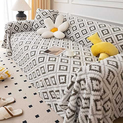 Homxi Big Sofa Überzug 4 Sitzer,180x340CM,Couch Überzug Universal Einfarbig mit Rautenmuster Sofaüberwürfe Plüsch Sofa Handtuch Grau Sofahusse Universal