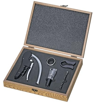cilio Weinset TRENTINO 5-teilig, Korkenzieher, Ausgießer, Tropfenfänger, Folienschneider, Ersatzspirale, Holzbox, Geschenkset