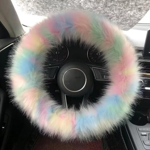 Lenkradbezug Auto Plüsch,universelle 15-Zoll Winter Wolle Soft Lenkradabdeckung für Damen und Mädchen,Auto Innenausstattung Zubehör 38cm Rosa Regenbogen