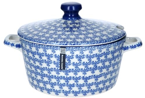 MamboCat Bunzlau Castle Serenity Terrine mit Deckel 1,6L I runder cremefarbener Keramik-Topf mit blauem Dekor I Behälter für Suppe, Eintöpfe, Gulasch & Co I mit Knopfgriff & Aussparung im Deckel