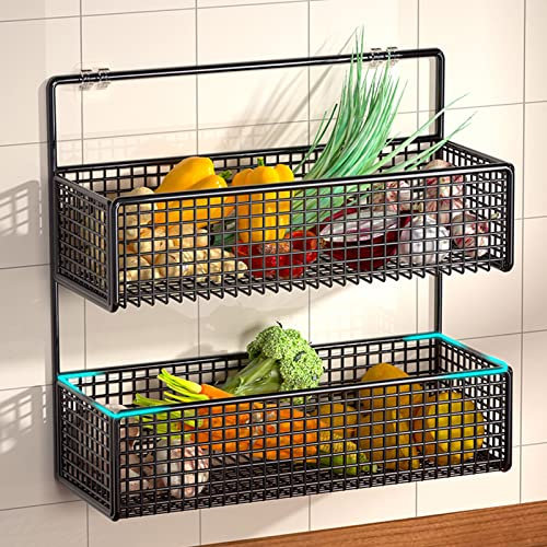 Schwarz Metall Wandkorb, Dekorative Drahtkorb Aus Metall Aufbewahrung Arbeitsplatte Organizer for Obst, Gemüse, Snacks, Haushalts Gegenstände, 2 Stöckig Obstkörbe, An Der Wand Montiert Obst- und Gemüs