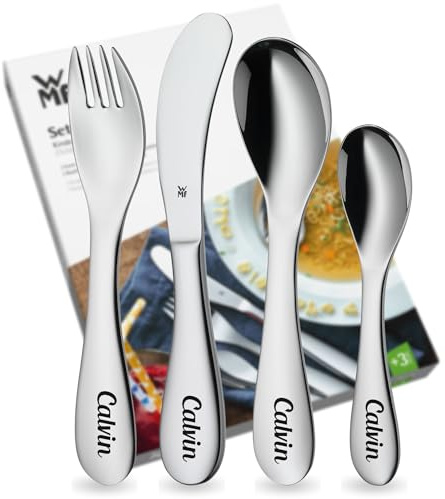WMF Kinderbesteck mit Namensgravur, Edelstahl, 4-teilig, spülmaschinengeeignet, Geschenk zur Taufe, Taufgeschenke für Mädchen und Jungen, Kinderbesteck mit Gravur, Besteckset ab 3 Jahre, Knuddel