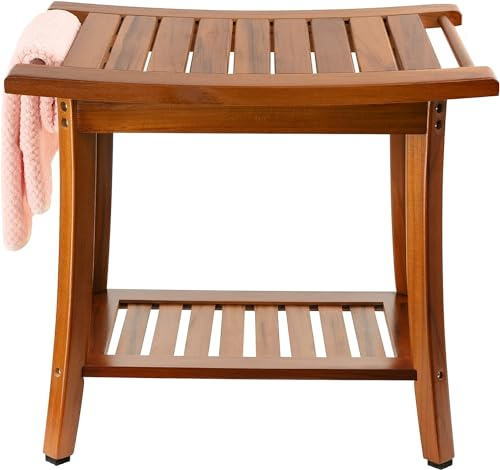 Utoplike Teak Dusche Sitz mit Griffen, tragbare hölzerne Spa Badehocker | Mit Lagerung Handtuch Regal, 33.2 x 56 x 47.2 cm, für den Innen- und Außenbereich verwenden