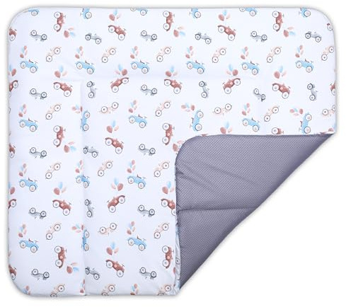 BONKY® Wickelauflage 85x72 cm - aus hautfreundlicher Baumwolle - Wickelunterlage mit rutschfeste Unterseite - Baby Wickeltischauflage - Mega weich und angenehm - Made in EU - Retro Autos
