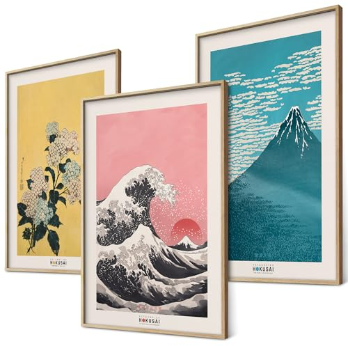 BLCKART Hokusai - Lot de posters - Décoration murale japonaise - Art japonais - Images décoratives pour chambre à coucher et salon - 3 x A3 - Sans cadre