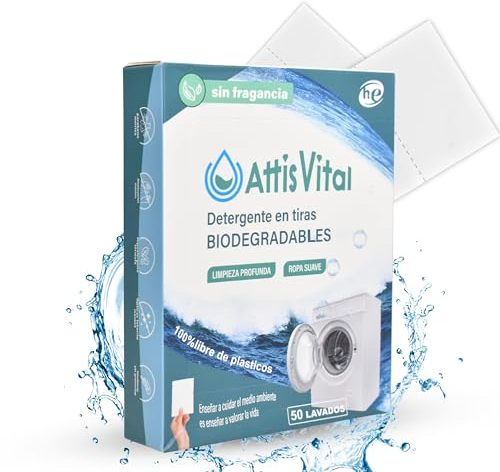Detergente en Tiras Ecológico AttisVital – 50 Lavados Ultra Concentrados | Sin Plástico, Vegano, Compacto y Hipoalergénico | Para Lavadora y Ropa Delicada (sin fragancia)