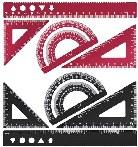 MSDADA 8 Stück 20cm Lineal-Set aus Aluminiumlegierung Winkelmesser Mathematik Geometrie Set Werkzeug Ideal zum Zeichnen Messen für Schülern Lehrern Architekten Ingenieuren(Schwarz+Rot)