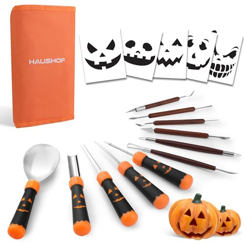 HAUSHOF Pumpkin Carving Tools with Stencils, 11PCS Halloween Pumpkin Carving Kit Professional Knives Set with Case, Halloween Gifts for Halloween Decorations