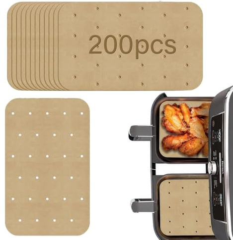 200 Air Fryer Paper Liners Disposable Airfryer Liners Dual Parchment Paper | for Ninja AF400UK AF300UK Tower Salter, Nonstick Perforated Rectangle Cooking Paper Sheet 14*20.5cm