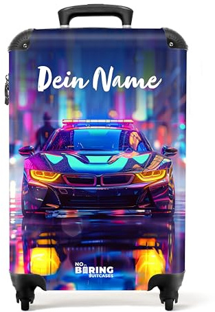 NoBoringSuitcases© Kinderkoffer, Koffer Personalisiert, Kinderkoffer | 55x40x20 cm - Jungen, Koffer Kinder, Kinder Reisekoffer, Reisetrolley, Handgepäck Koffer, Handgepäck (Polizeiauto - Neon