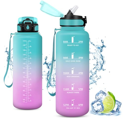 Vikaster Große Trinkflasche, Water Bottle with Straw 1.5L, Trinkflasche Leak-Proof, BPA-Free, Sportflasche für Camping, Yoga, Gym, Outdoors, B-grün+lila