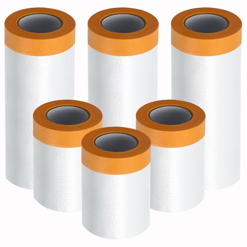 LINSOCLE 6 Rollen Abdeckfolie mit Klebeband, Malerkrepp mit Folie, Abklebeband mit Folie, Selbstklebende Malerfolie, Abklebefolie für Fenster Autos (55cm x 20 m x 3 Stück; 110cm x 20m x 3 Stück)