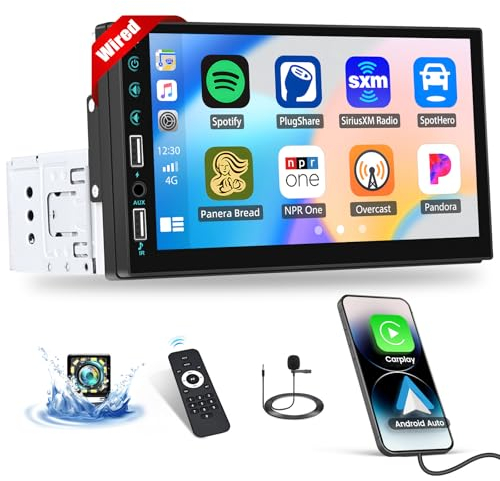 CAMECHO Autoradio 1 DIN mit Wired Carplay Android Auto, 7 Zoll Auto Touch Bildschirm Display Single DIN mit Bluetooth Freisprecheinrichtung FM Radio Mirror Link USB/AUX/EQ SWC Rückfahrkamera+MIC