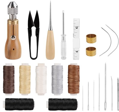 23pcs Sewing Awl Kit, Leather Stitching Awl Tool Sewing Repair Awl Thread Kit with Straight Needles & Curved Needles & Wax Thread Handheld, Small Screwdriver Yarn Scissors Needle Threader