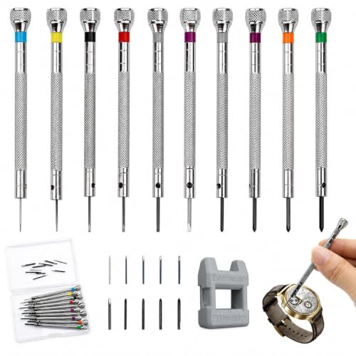 Xiciki 10 stycken klockskruvmejsel, klock- och glasögonskruvmejsel, miniprecisionsskruvmejsel, 0,6–2,0 mm, klockskruvmejsel med avmagnetisering för klockor, glasögon och smycken