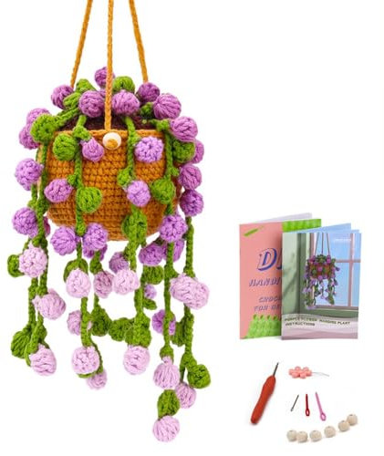 SSDH Beginner Crochet Kit Hanging Plant Crochet Kit Handmade Crochet Yarn with Instructions and Video Tutorial Crochet Hanging Basket Home Decor (Purple 1)