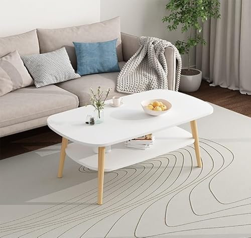 Anmas Power Doppelschicht Couchtisch, Weiß Beistelltische Holz,Wohnzimmertisch Oval,Tischbeine aus Kiefernholz,Sofatische (100x50x45)