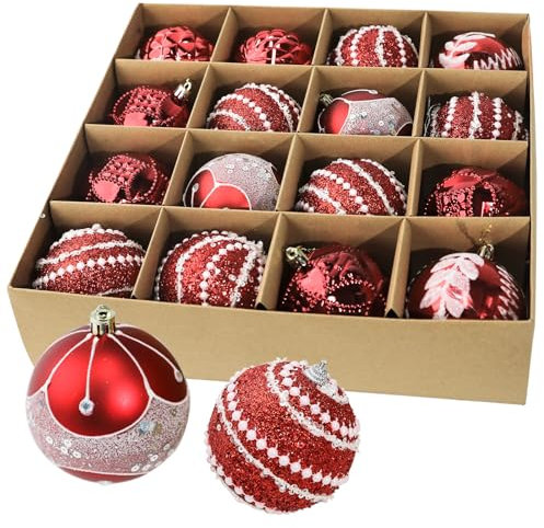 Exklusives Weihnachtsbaumkugel-Set 16er Pack bruchsicher edel & dekorativ Glänzende Kugeln in Rot und Champagner mit funkelnden Details Perfekte Christbaumschmuck für Festliche Weihnachtsdekoration