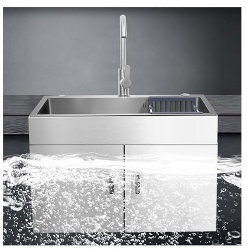 Évier Inox à Une Cuve Montage Mural Cuisine Commerciale Meuble Évier avec Robinets D'eau Chaude et Froide Lave-mains avec Poignées Dissimulées Lavabo Multifonctionnel pour L'extérieur(69x45cm/27.2x17.
