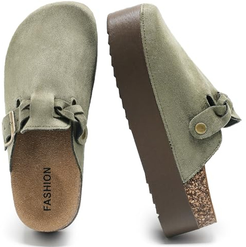 Plateau Clogs Damen mit Verstellbarer Schnalle, Plattform Leder Pantoletten Weich Kork Fussbett, Wildleder Sandalen Halb Geschlossen, Dicke Unterseite Hausschuhe