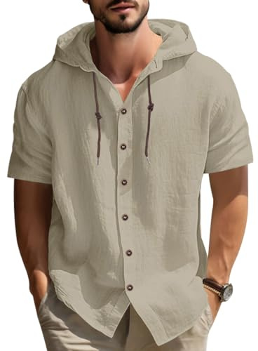 MEDUOLA Camisa de Manga Corta de Lino para Hombre,Cuello con Capucha,Diseño Ligero y Transpirable para Verano,Estilo Casual y Modern （XL,Caqui